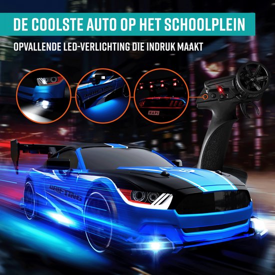 NAPI Bestuurbare RC Auto - Drift Car met 2 Accu’s, LED & Accessoires - 15 km/h - Buitenspeelgoed - Race Autos voor Jongens & Volwassenen - Buiten Speelgoed - Speelgoedauto Radiografisch - Drift King