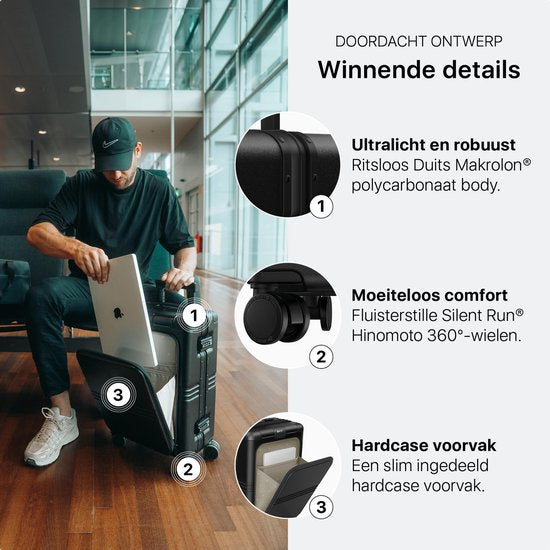 ONYX Hybrid Pro Handbagage Koffer met Voorvak 38 Liter - Gerecycled Polycarbonaat en Ritsloos Design - Reiskoffer met TSA slot en Spinner wielen - Lichtgewicht Trolley met Laptopvak - Onyx Black