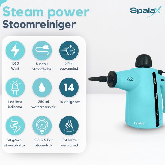 Spalax 14-in-1 Stoomreiniger - 3,5 Bar Handstomer - Vlekkenreiniger - Stoomreinigers vloer, bank, tapijt & kleding - Handstoomreiniger - Tapijtreiniger - 1050W - 350 ML