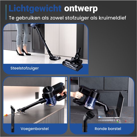 Saaf G80 Steelstofzuiger - 150W - Steelstofzuiger Draadloos - Stofzuiger Zonder Zak - 7-delige set met Buigbare Steel - 22kPa - Kruimeldief - Zwart