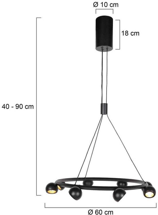 8-lichts zwarte ronde hanglamp Marcadore ø60 cm - Draaibaar, in hoogte verstelbaar, kunststof/metaal - Steinhauer