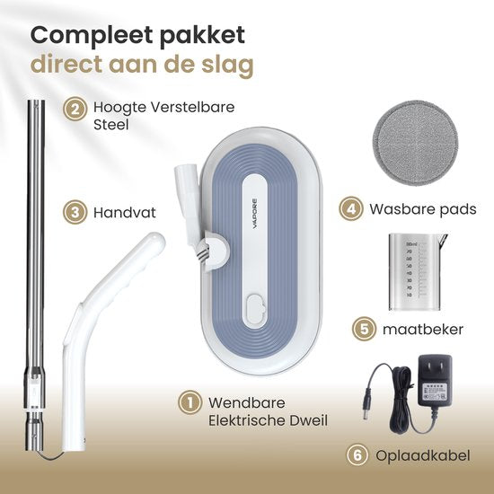 Vapore Elektrische Dweil Draadloos - 150×150 RPM Dual Rotatie - 40 min Accu - LED Verlichting - Vloerreiniger - Alle Harde Vloeren - Stil 77.5 dB - Dweilsysteem met Spray