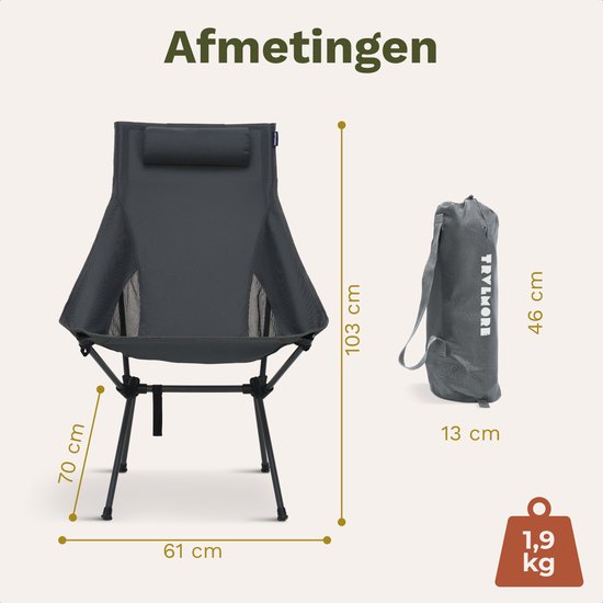 TRVLMORE Campingstoel - Opvouwbaar - 120KG Draagvermogen - Incl. Draagtas - Klapstoel - Visstoel - Kampeerstoel - Vouwstoel - Grijs