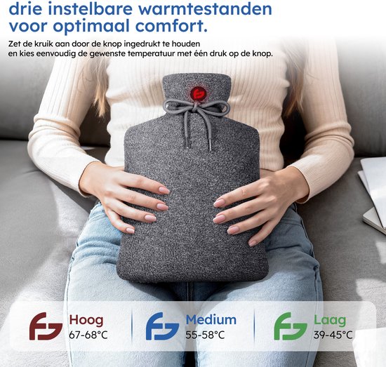 Elektrische Kruik – 3 standen – Kruik – 10.000 mAh Powerbank – Wasbare Hoes – Oplaadbare Kruik – Original Grey – Saaf Comfort