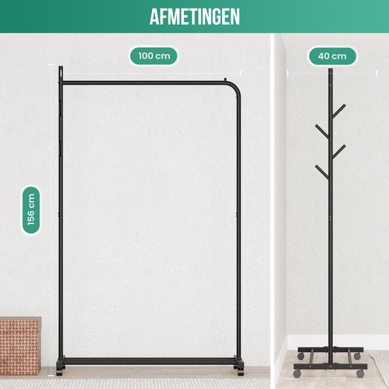 Avalo Kledingrek op Wieltjes Zwart - Metaal - 100x40x156 - Opbergruimte Voor Schoenen