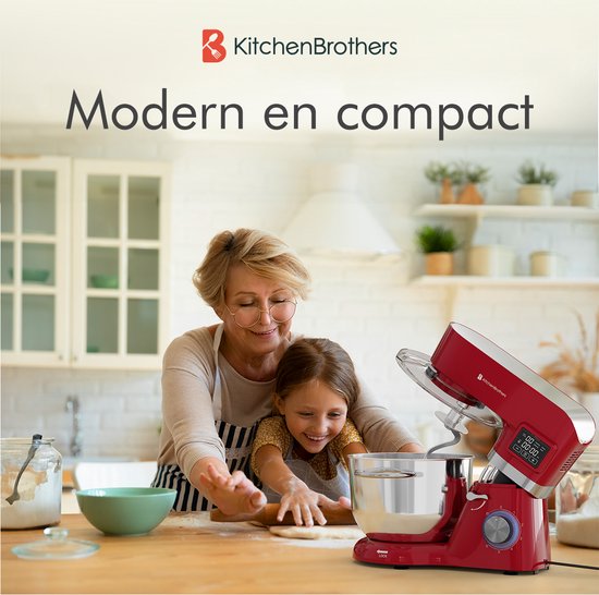KitchenBrothers Keukenrobot - Display en Timer - Keukenrobot - 6,2L - Keukenmixer - 1400W - Rood