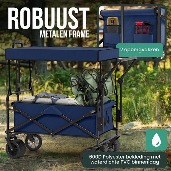Avalo Bolderkar Met Dak XL Opvouwbaar - Tot 110KG Draagvermogen - 120L - 97x60x105 CM - 360º Wielen - Bolderwagen / Bolderkarren / Strandkar / Trekkar / Plooibare Bolderkar - Voor Strand - Blauw