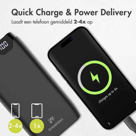 imoshion Powerbank 20000 mAh - Snellader 22.5W - LED-indicator - USB-C & USB-A - Universele Powerbank geschikt voor o.a. iOS/Android - Noodpakket - Zwart