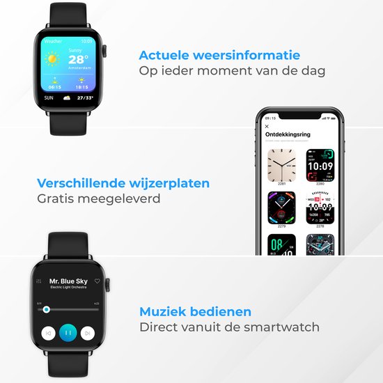 Nuvance - Smartwatch Heren & Dames met Bluetooth - IP68 Waterdicht - Geschikt voor alle Smartphones - Stappenteller en Hartslagmeter - Zwart