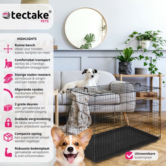 tectake® Hondenkooi - Hondenhekbox - Hondenkennel - Opvouwbare hondenbox - Stabiele transportbox voor honden en puppy’s - Voor kofferbak, auto, camping en thuis - 121,5 x 75,5 x 80,5 cm