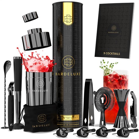 BarDeluxe® Cocktail Set - 12-Delig - Cocktailshaker 750 ml - Roestvrij Staal - Inclusief Luxe Geschenkdoos - Opbergtasje & Receptenboek - Zwart