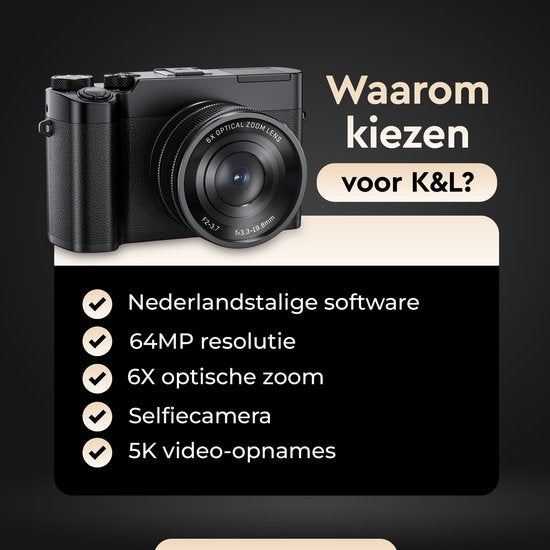 K&L Digitale Camera 5K - 64MP - 6X Optische Zoom - Fotocamera - Compact Camera - Vlog Camera - Ideaal voor Beginners - Inclusief 64GB - NL Software