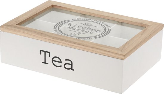 Excellent Houseware Theedoos - MDF - wit - 6-vaks - 24 cm - Theedozen/theekisten