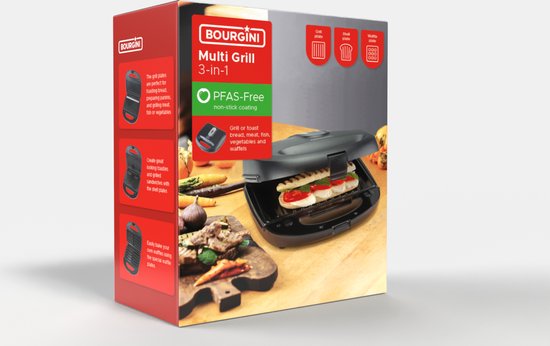 Bourgini MultiGrill 3-in-1 – Tosti apparaat, Grill & Wafel ijzer – PFAS-vrij – Verwisselbare platen – 750W