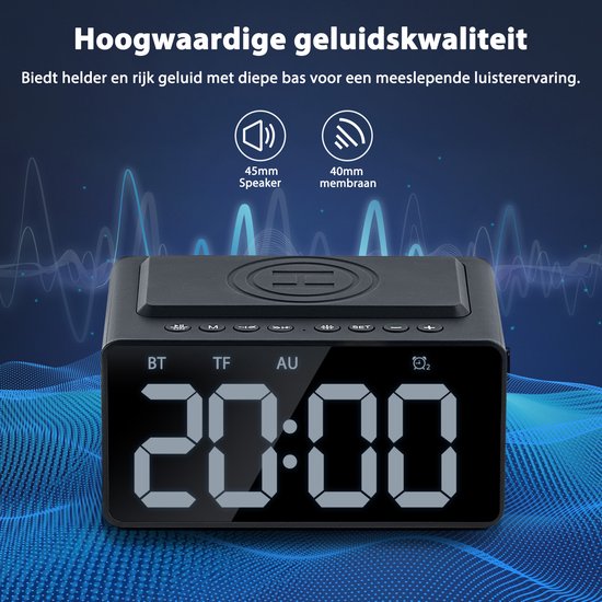 Digitale Wekker - met Radio, Bluetooth en Draadloze Oplader - Wekkerradio - Snooze Functie - Zwart - van Faas