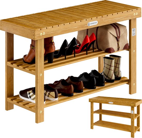 Casaria Schoenenrek - Zitbank 3 Schappen 90x33x46cm – Acaciahout