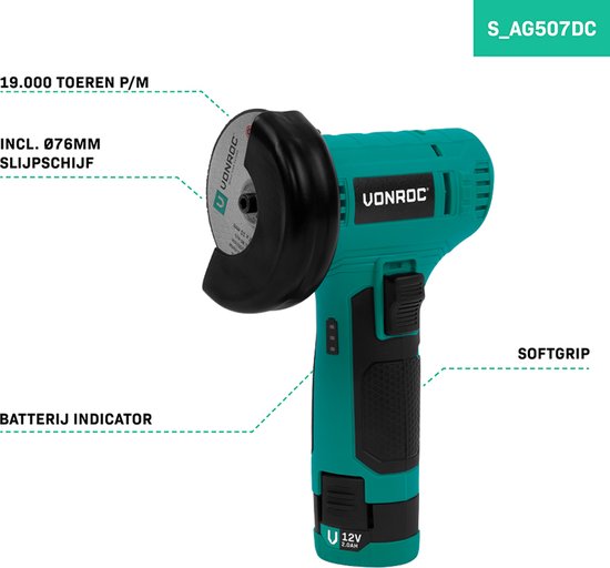 VONROC Accu Haakse Slijper 12V - Incl. Accu, usb-c kabel en slijpschijf