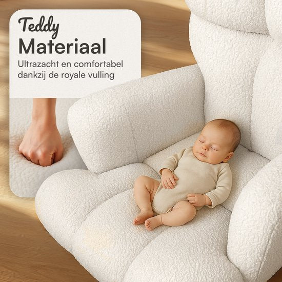 Flowsense Schommelstoel Teddy Wit - Schommelstoel Volwassenen Baby - Voedingsstoel Stoel Babykamer - Fauteuil met Armleuning Design - Relaxstoel - Relaxfauteuil