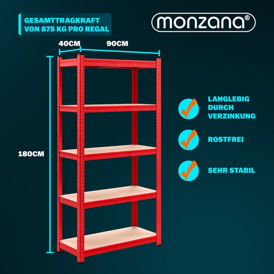 Stellingkast Set van 2 – 180x90x40cm Belastbaar tot 1750kg - Rood