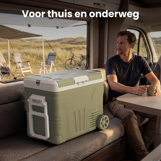 Auronic Elektrische Koelbox - Compressor - 2 Zones - 45L - 12/24V en 240V - Koelen en Vriezen - Camping Koelkast - Frigobox Auto - Met Wielen en Hendel - Groen