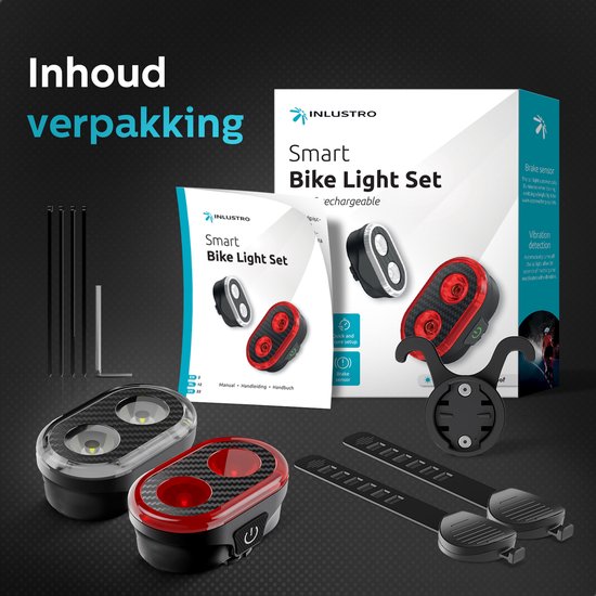 Inlustro Smart Fietslamp Set - Achterlicht met Remsensor / Zadelbevestiging - LED Fietslampjes Rood en Wit - Fietslicht Koplamp Voorlicht - USB Oplaadbaar / Waterdicht