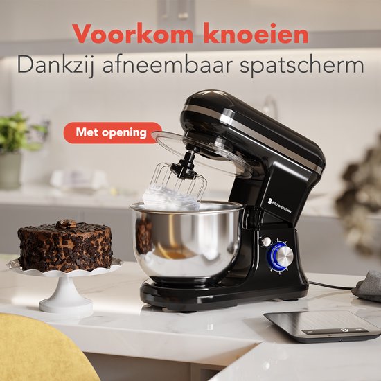 KitchenBrothers Keukenmachine & Mixer – 1200W – 5L RVS Mengkom – 6 Snelheden & Pulse – 36,9 x 23,1 x 33,4 cm – Zwart