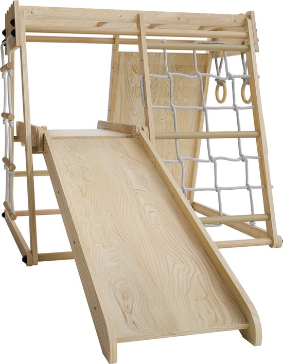 Juskys – Indoor Klimrek Voor Kinderen – 102 x 98 x 100 cm & Met Glijbaan En Klimwand – Voorzien Van Turnringen En Touwladder – Inklapbaar En Vrijstaand – Naturel En Bont Hout