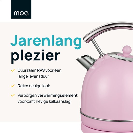 MOA Waterkoker Retro - 1,8 Liter - Elektrische Waterkoker - Anti Calcium Filter - BPA-vrij - RVS - 2200W - Pastel Roze