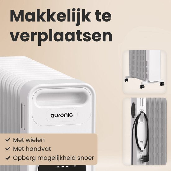 Auronic Olieradiator - Elektrische Kachel - 3 standen - met afstandbediening - 2500W Heater - Wit