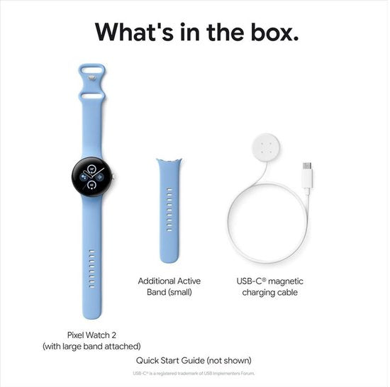 Google Pixel Watch 2 – Zilverkleurige kast – Blauw sportbandje – GPS – 5ATM – Fitbit functies – 24u batterij – AMOLED scherm