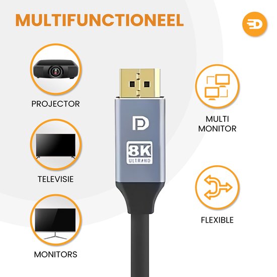 Drivv. Aux Kabel - 8K 60Hz - 4K 144 Hz - 32.4GBps - Displayport 1.4 - DP Kabel - PVC - 1 meter - Space Grey