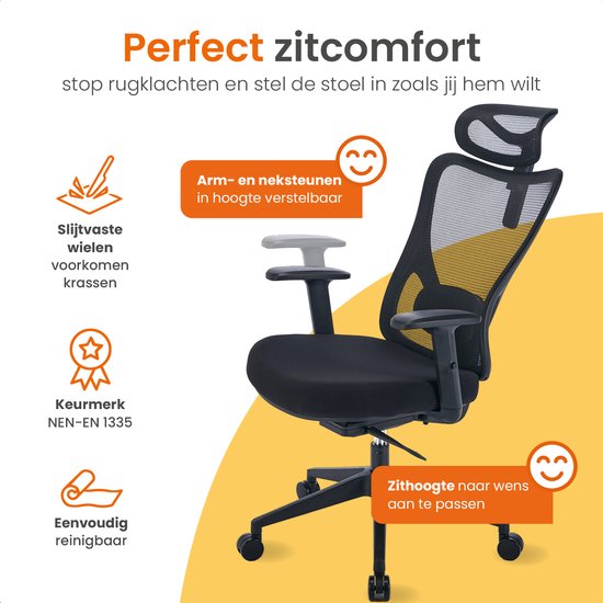 Goliving Ergonomische Bureaustoel - Office  Chair - Met Hoofdsteun - Kantoorstoel - Verstelbaar - Gaming - Voor Volwassenen - NEN-1335 - Zwart