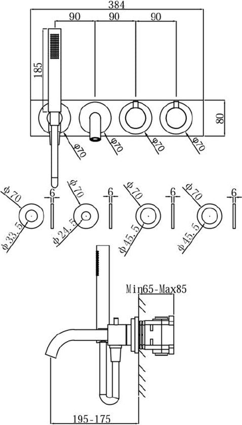 Regn complete thermostatische badinbouwset, mat zwart