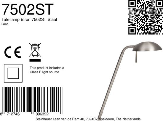 Stalen tafellamp Biron 1 lichts 7502ST met draaibare en kantelbare arm, 17 cm voetplaat, 185 cm snoer, klassiek design, Mexlite