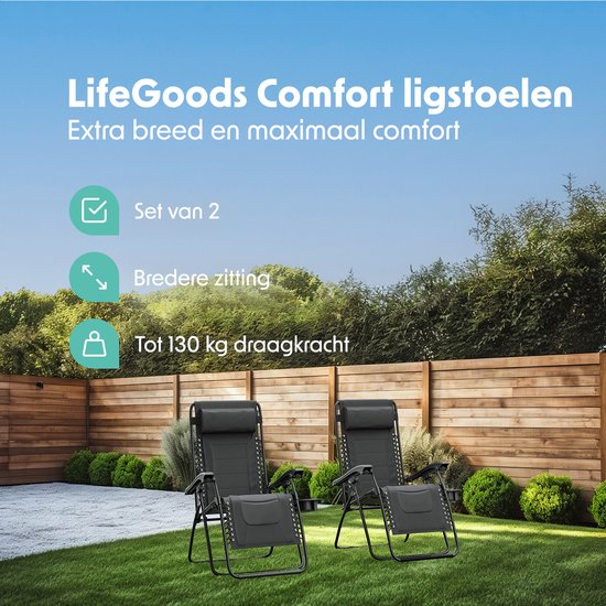 LifeGoods Ligstoelen Comfort - Opvouwbaar - 30°-90° Verstelbaar - Beker en Telefoonhouder - Tuinstoelen - Zwart