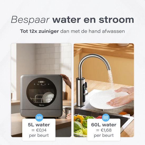 Skoov Mini Vaatwasser met waterreservoir - 5 couverts - 6 wasprogramma's - 45cm - Kleine smalle vrijstaande afwasmachine - Camping - Grijs