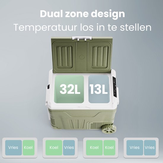 Auronic Elektrische Koelbox - Compressor - 2 Zones - 45L - 12/24V en 240V - Koelen en Vriezen - Camping Koelkast - Frigobox Auto - Met Wielen en Hendel - Groen