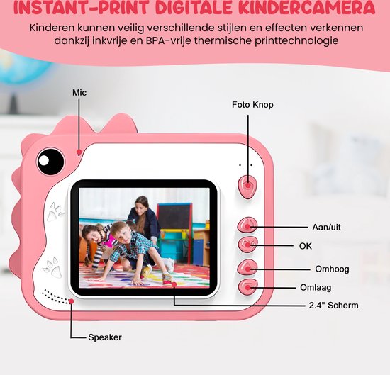 K&L® 3 IN 1 Digitale Kindercamera + Instant print + speelcamera - 32GB micro sd kaart - camera kinderen - Vlogcamera met games - Fototoestel voor Kinderen - Klein Formaat Speelgoed - Met videofunctie - Roze