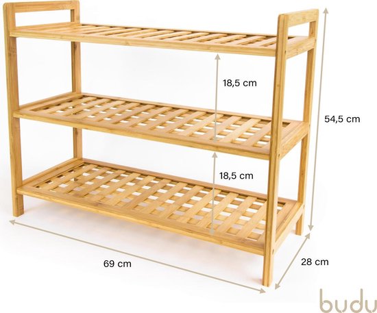 Budu Schoenenrek (3 niveaus) - Schoenenrek bamboe - Schoenenkast hout - Schoenen Organizer