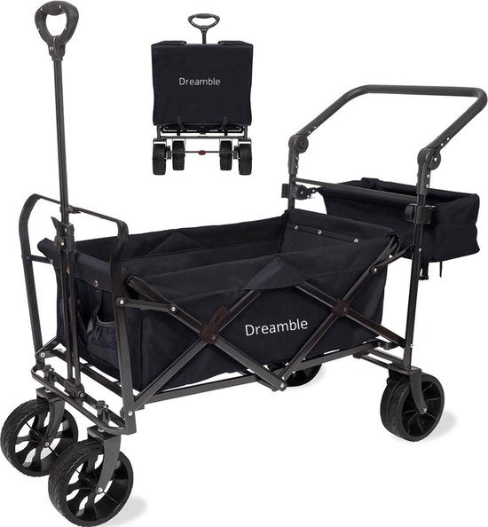 Dreamble® | Bolderkar | Grijs | Tot 140KG | 120L | Trek en duwfunctie | Dikke zachte vloermat 4cm - voor kinderen | Extra grote wielen Ø20cm | Extra opbergruimte | 130x110(LxH) | 2 pockets buiten,1 pocket binnenin met rits | Voetrem | Beschermhoes