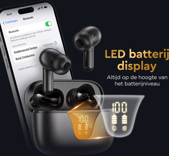 Golden Sound Oortjes draadloos - Draadloze oordopjes - Bluetooth oortjes - Active Noise Cancelling - Sport oordopjes - Led display - Touch functie - Geschikt voor elke smartphone & laptop
