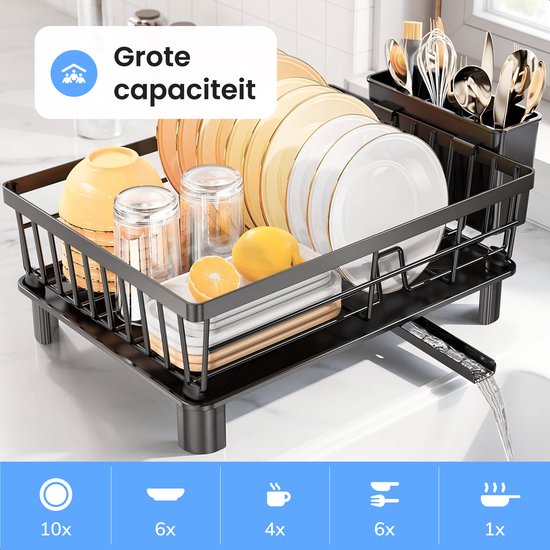 Luft Afdruiprek met Lekbak - Afwasrek - Droogrek voor Afwas - Zwart - Afdruipmat - Ideaal voor Keuken & Camping - RVS