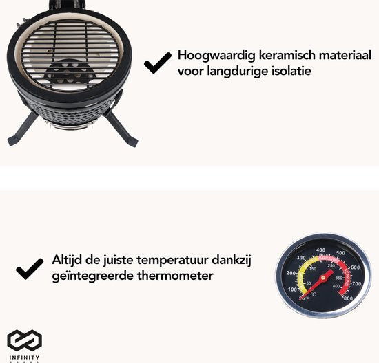 Infinity Goods Kamado BBQ Egg - 13 Inch - Inclusief Hoes - Houtskoolbarbecue - Ø 27 CM - Zwart