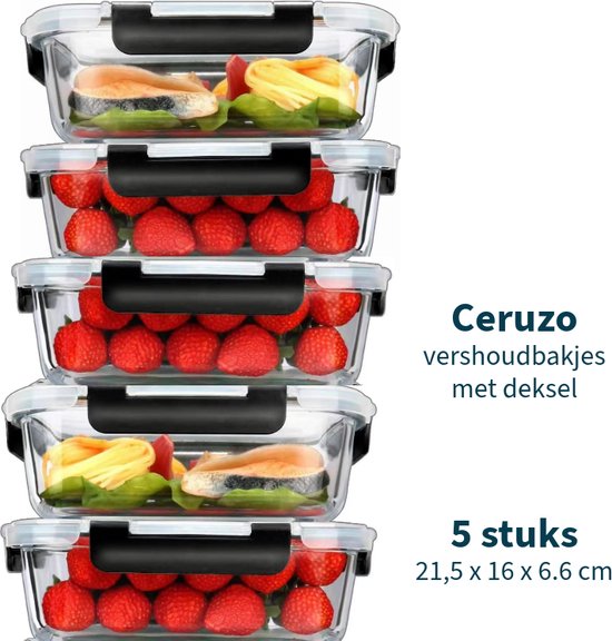 Ceruzo Meal Prep Bakjes - 5 stuks Vershoudbakjes - Borosilicaat Glas- Luchtdicht- 21,5 x 16 x H6,6 cm