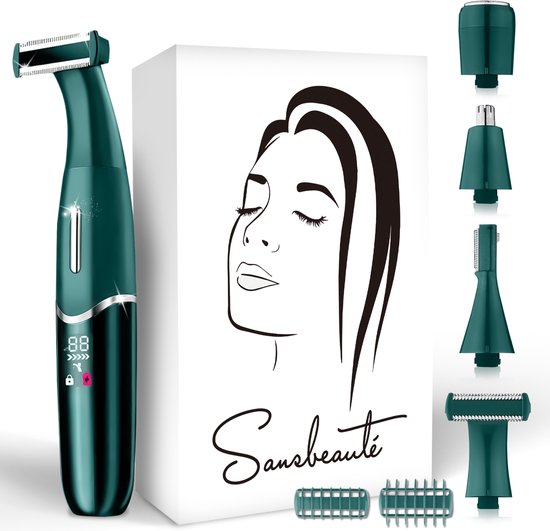 Sansbeauté - 4-in-1 Bikinitrimmer & Ladyshave - Compact - Classic Green ABS - Voor Gezicht, Benen & Bikinilijn - Draadloos & Oplaadbaar - Pijnloze Ontharing