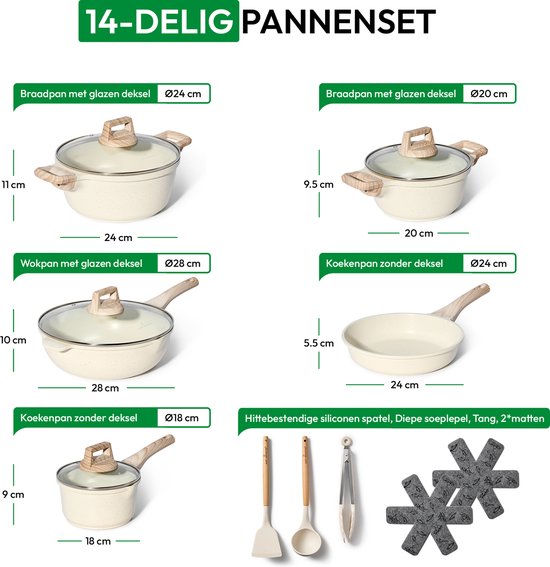 Just Perfecto 14 Delige Pannenset Inductie - Beige Pannenset Met Deksel Voor Gas en Inductie - PFAS vrij - Koudgrepen