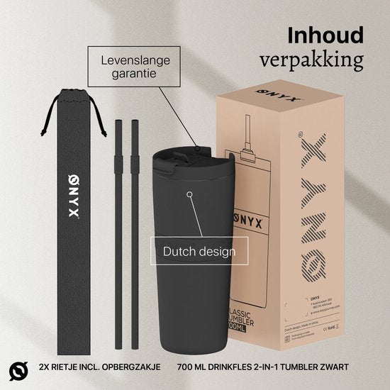 ONYX Drinkfles met Rietje 700ML - Waterfles voor Kinderen & Volwassenen - Thermosbeker RVS Travel Mug - Motiverende Drinkbus - Drinkbeker voor School - Zwart