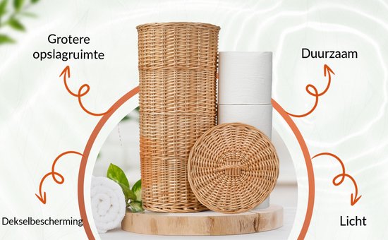 Industor® Toiletrolhouder Staand van handgevlochten Riet - Wc rolhouder voor 3 Rollen met Deksel - Toiletrolhouders, Badkamer Accessoires en Decoratie