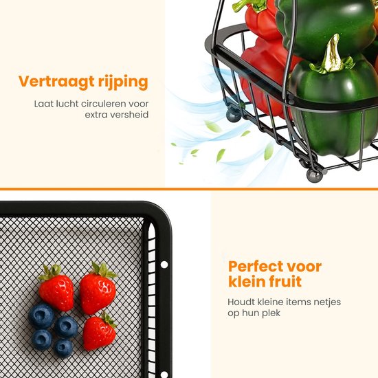 Posity Fruitschaal 3 Laags - Fruitmand - Fruit Etagere - Groentemand - Draadmand - Met bananenhouder - Hout & Metaal - Zwart