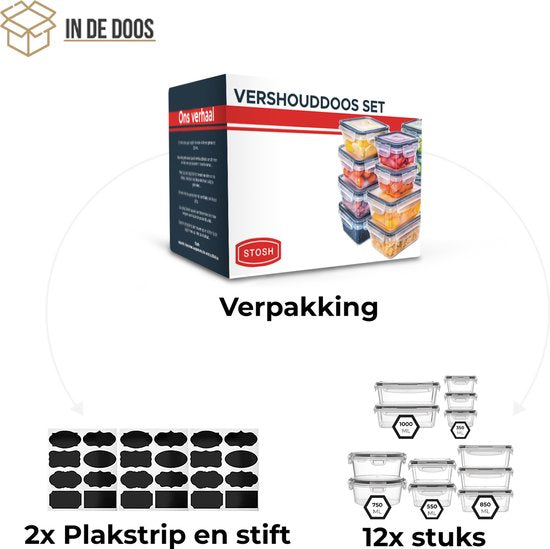 Stosh Vershoudbakjes - Meal Prep Bakjes - Diepvriesbakjes - Voedselcontainer - 12 stuks - Plastic - BPA vrij